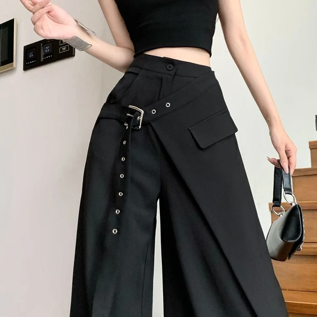 黑色西装阔腿裤女秋季ins潮设计感美式假两件高腰裤裙垂感拖地裤