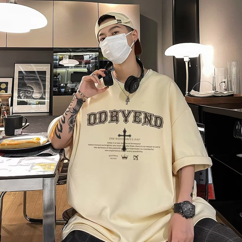 宽松型男衫复古卡其衫圆领百搭牛仔风极简风恤休闲夏季上衣半袖