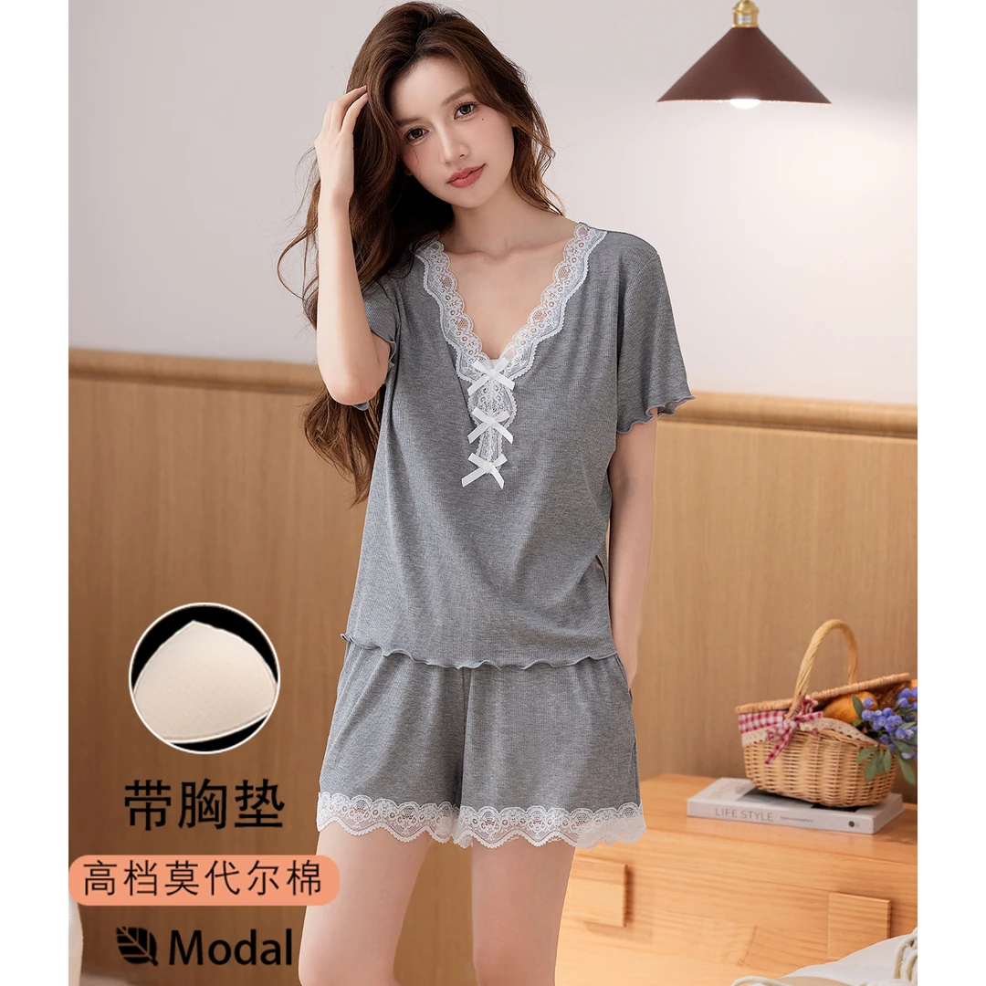睡衣女夏季莫代尔短袖短裤套装带胸垫新款蕾丝花边家居服大码薄款