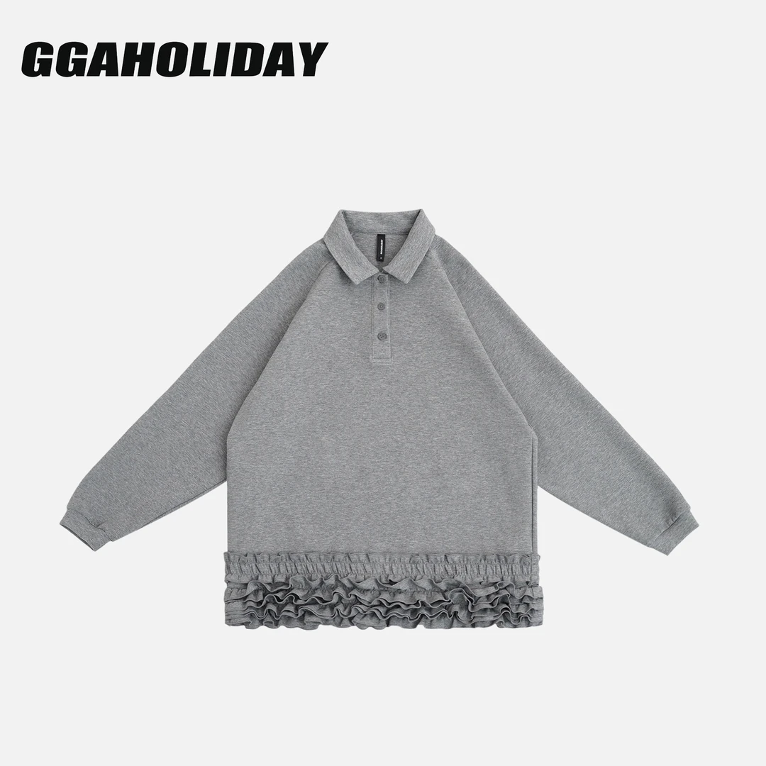 GGAHOLIDAY秋冬休闲百搭宽松简约时尚翻领高级显瘦花边卫衣153192