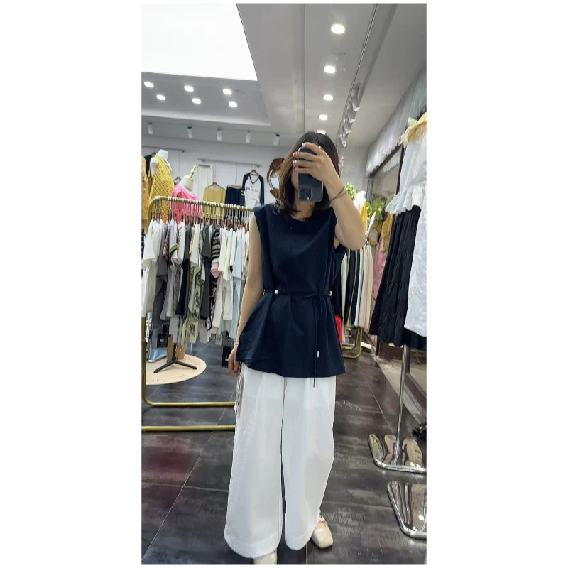 夏季新品韩范宽松时尚无袖衫阔腿裤两件套套装女通勤气质高档清凉