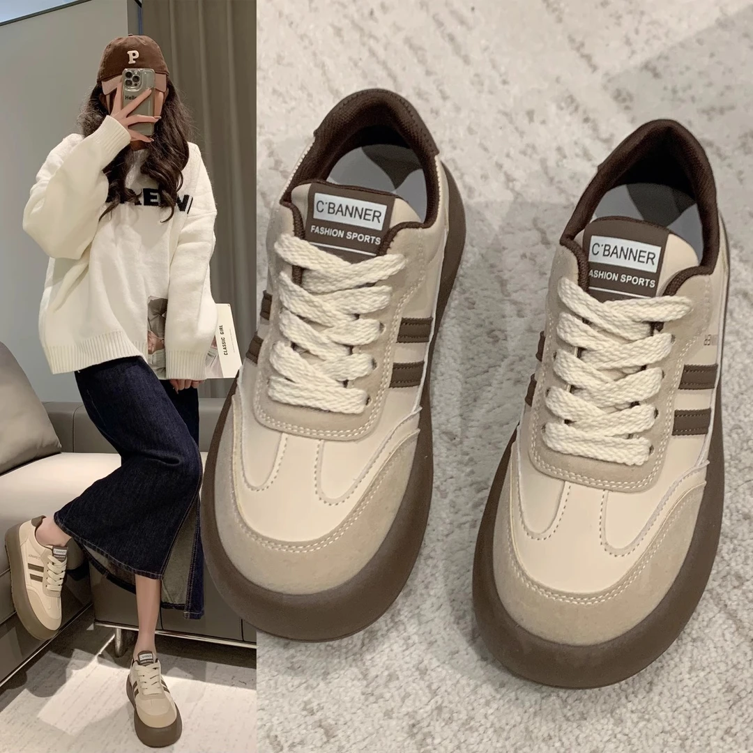 复古德训鞋女2025秋季新款爆款显脚小厚底百搭系带大头阿甘板鞋子