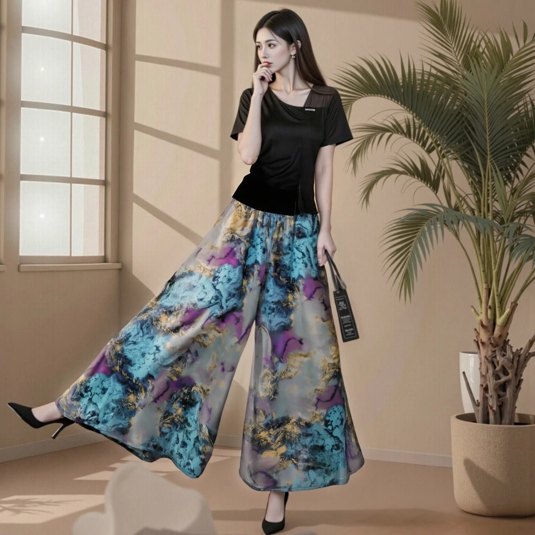 【彩云追月】国风阔腿松紧腰显瘦中长款A字印花半身裤裙垂感