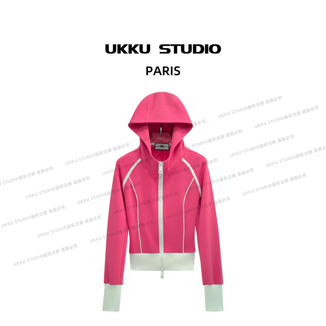 康妮【UKKUSTUDIO】早春时尚网红拼接玫红百搭加厚连帽假两件913429