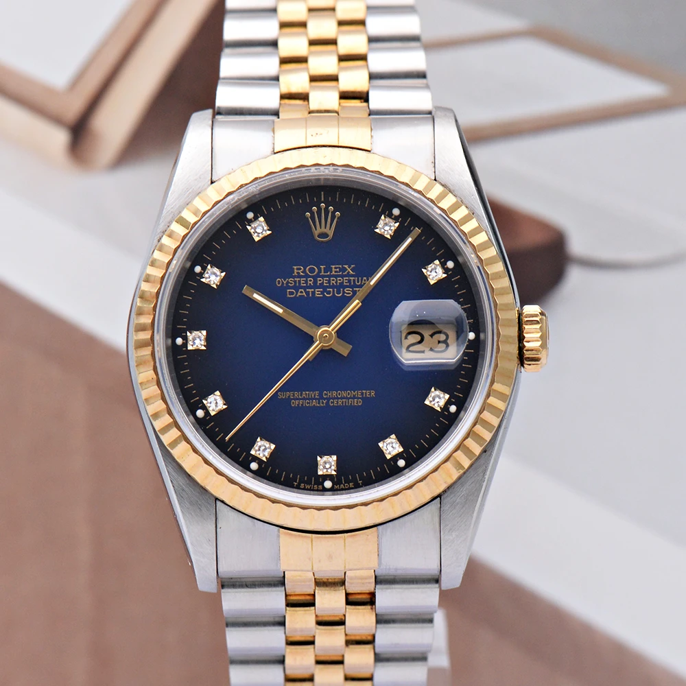 99新 Rolex/劳力士 日志16233间金原钻渐变蓝36mm自动机械男表单