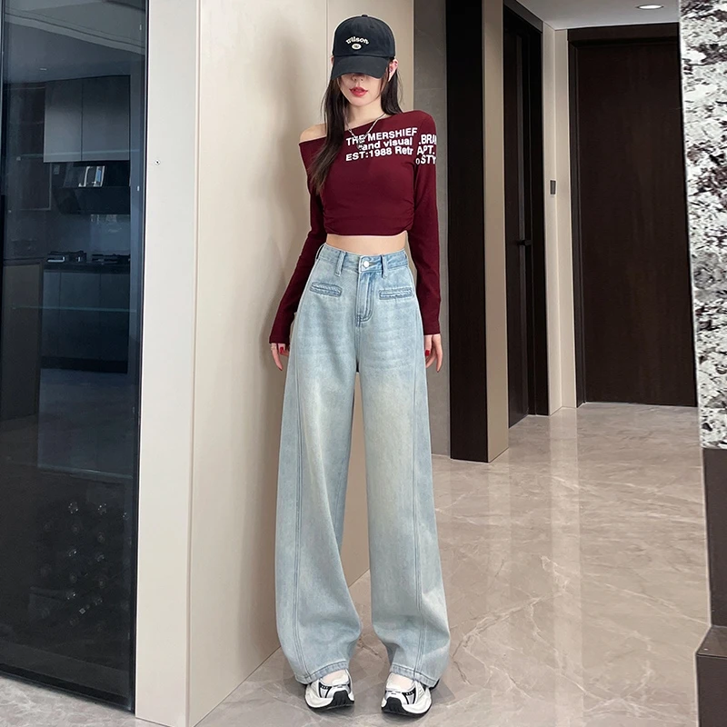 白色设计感阔腿牛仔裤女2025春秋新款高腰宽松显瘦梨形身材直筒裤