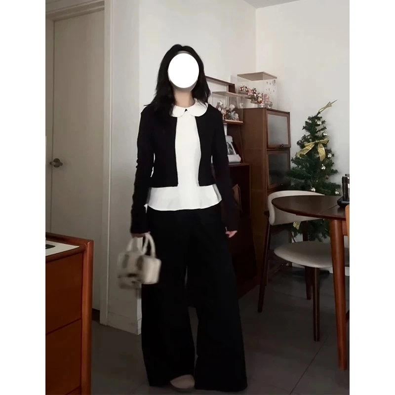 秋季新款黑色针织开衫搭打底上衣女搭配高腰阔腿牛仔裤休闲套装