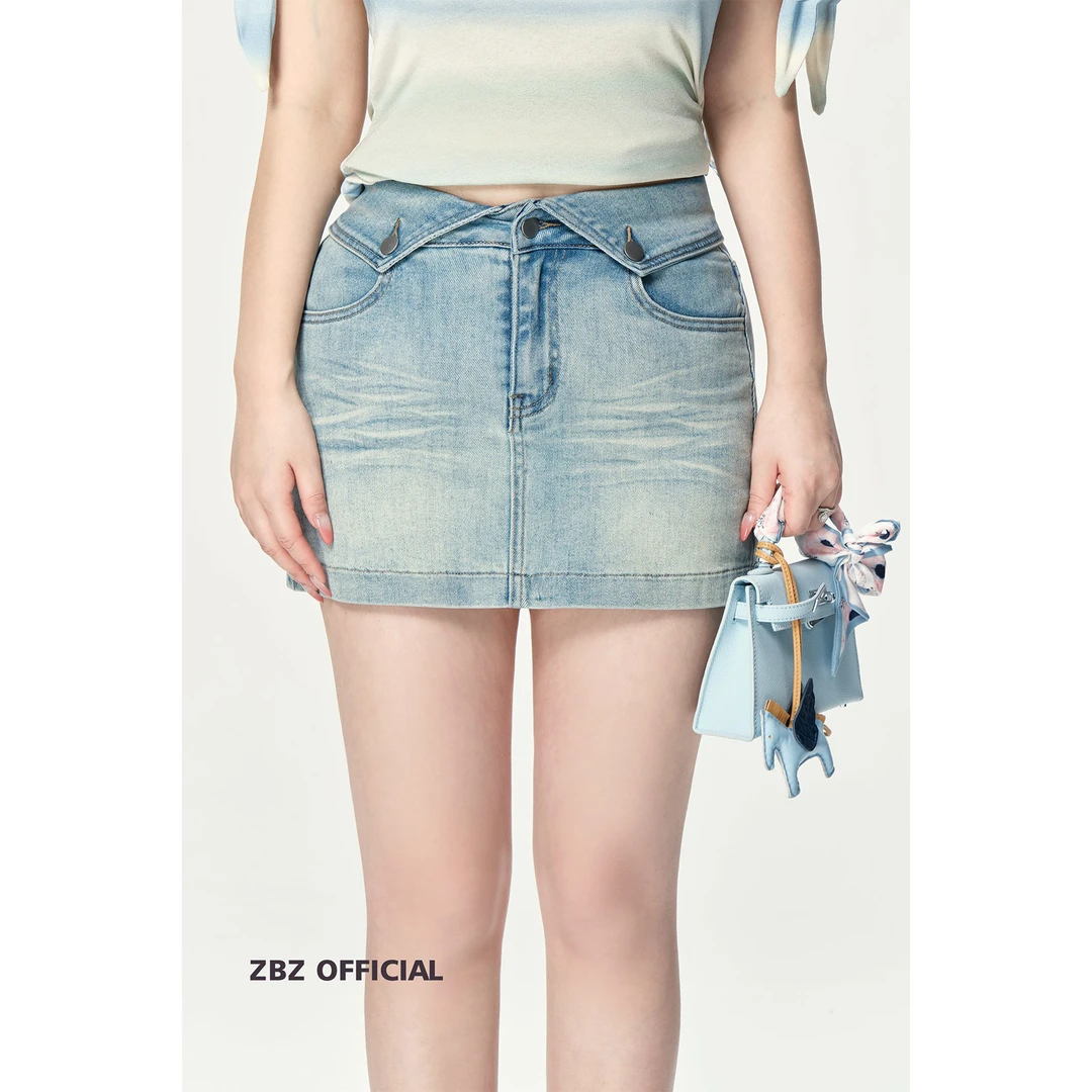 常青牛仔线|三折角半裙|翻边微弹72%棉纯欲辣妹牛仔半裙ZTPS0020