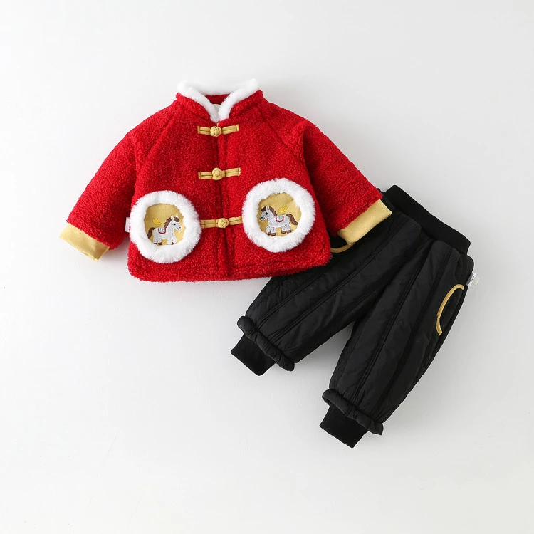 马年婴儿套装中国风加厚冬季新年衣服保暖夹棉分体两件套棉服唐装