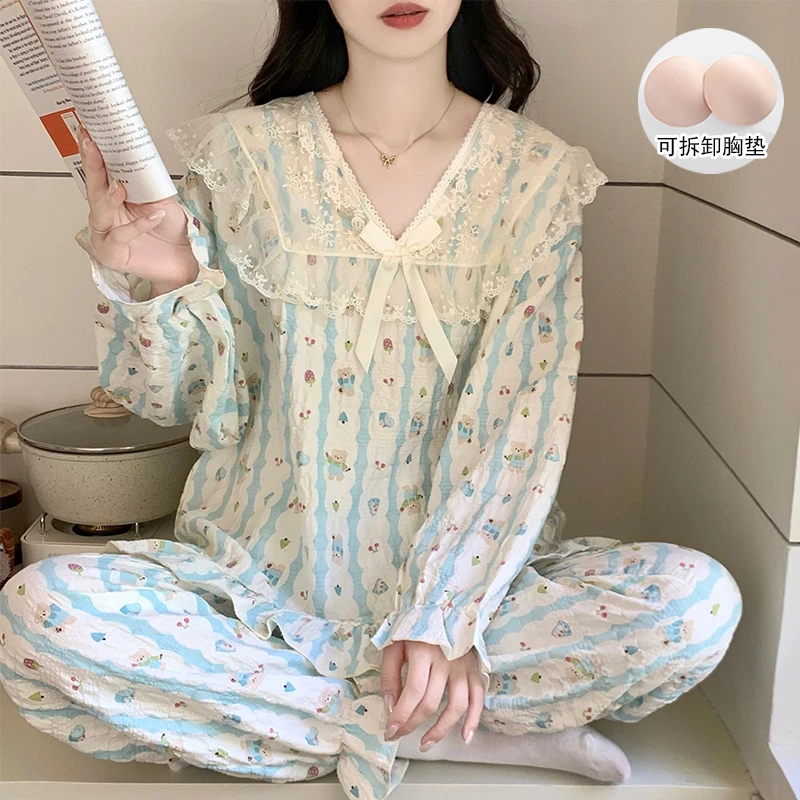 带胸垫睡衣女春秋新款长袖可爱甜美蕾丝休闲夏季可外穿家居服套装