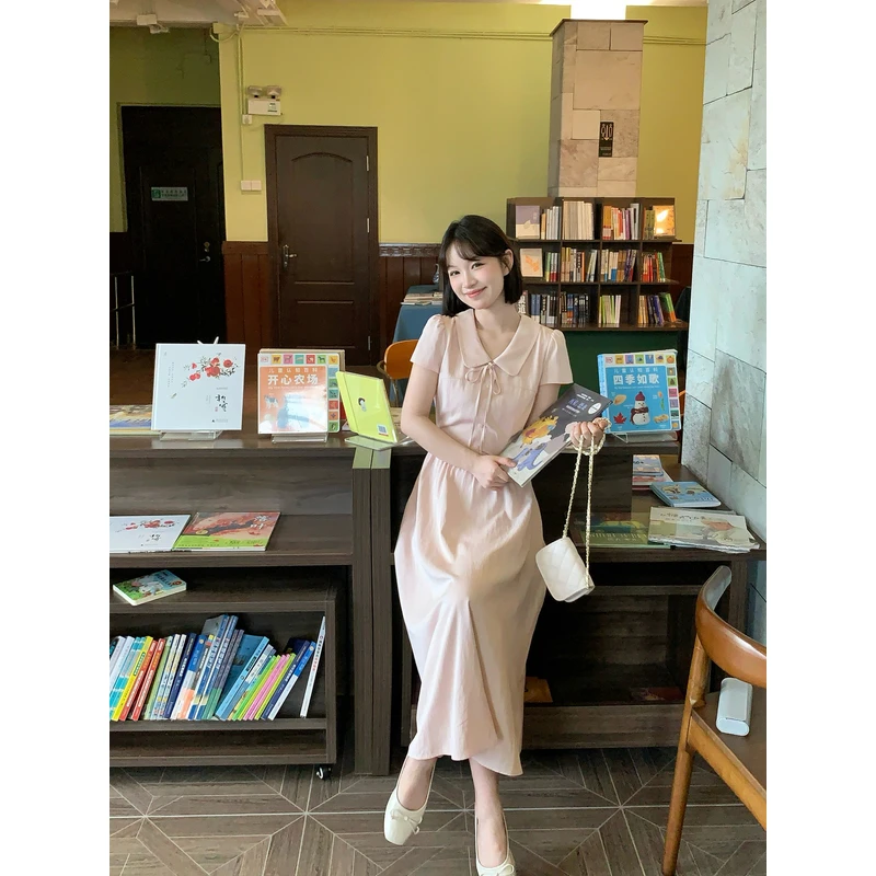 板栗西西【甜桃泡泡】夏季法式高级设计感娃娃领粉色短袖连衣裙长裙