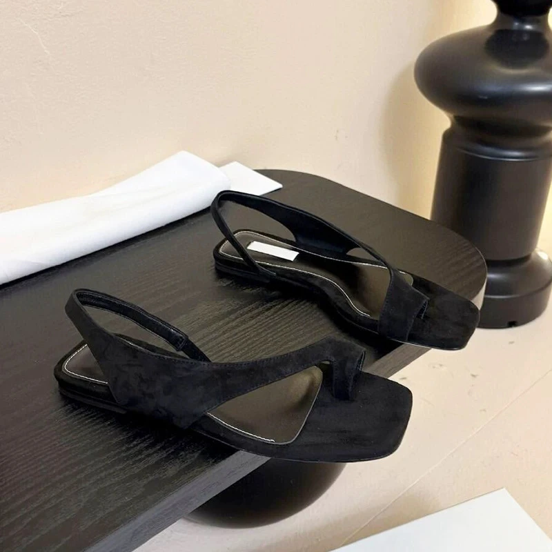 羊皮版~韩系方头套趾平底罗马凉鞋女2025夏季新款沙滩百搭凉拖鞋