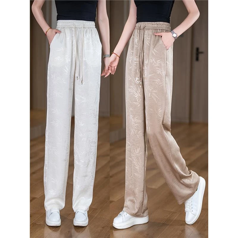 2025新中式提花醋酸阔腿裤女夏季新款国风垂感直筒裤高腰显瘦长裤