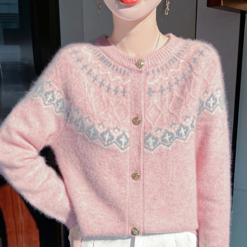 韩版复古提花毛衣圆领针织衫新款针织宽松开衫外套上衣