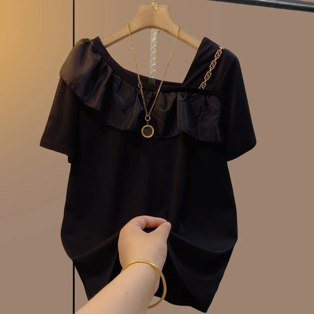 夏季大码女装胖妹妹遮肉显瘦宽松短袖半袖设计感小衫休闲黑色时尚