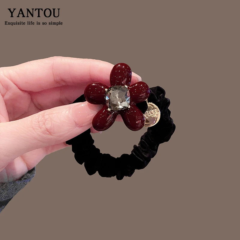 网红秋冬新款红色花朵小肠发圈头绳女本命年百搭扎马尾高弹力发绳