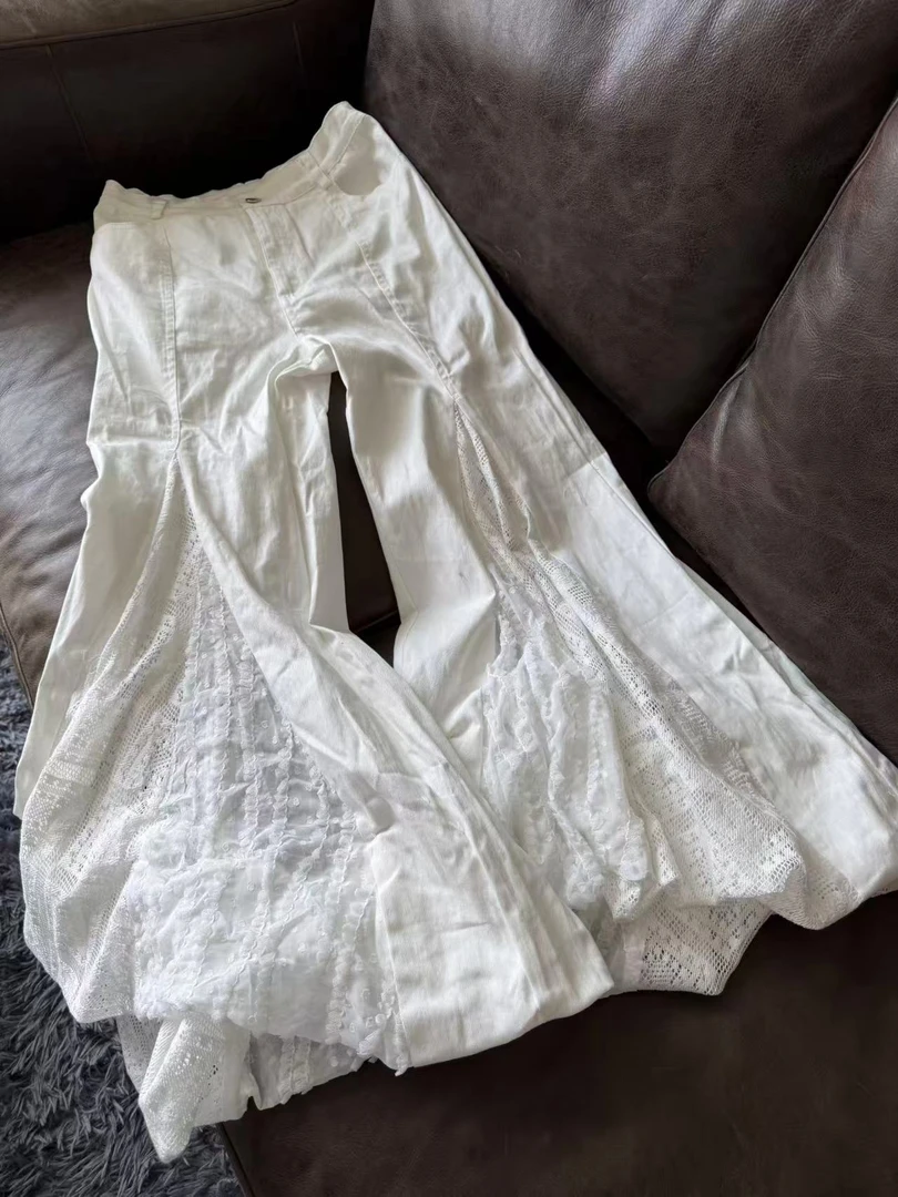 T73 白色直筒时尚休闲破洞印花重工做旧女士夏季春夏阔腿裤子