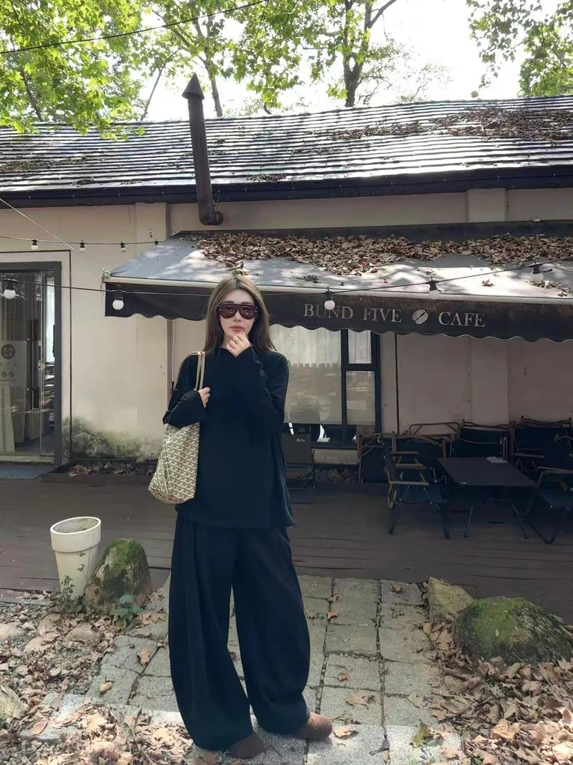 黑色显瘦气质宽松上衣女长袖2025秋季打底搭配休闲百搭阔腿裤子潮