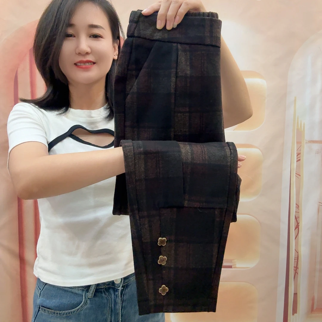 8808时尚洋气格子松紧腰九分休闲裤秋季新款百搭显瘦宽松马丁裤