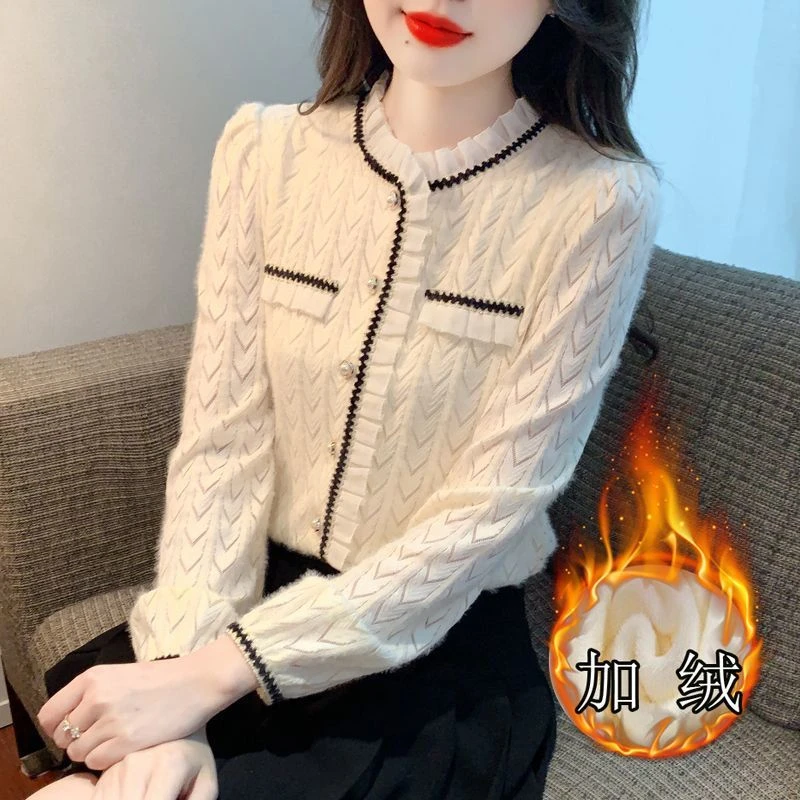 加绒加厚法式小香风蕾丝衫女2024秋冬新款洋气衬衫百搭气质上衣潮