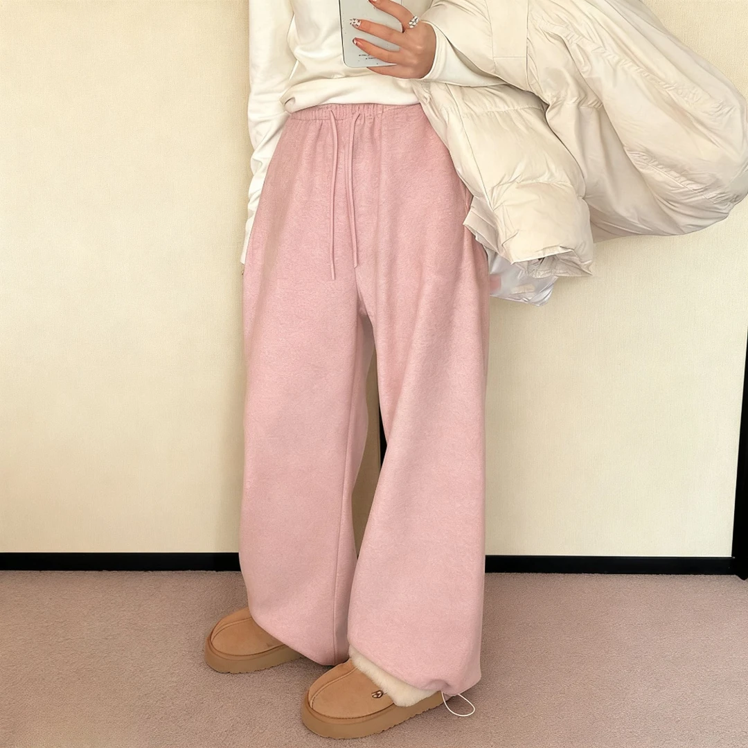 韩系粉色温柔风软糯垂感卫裤秋冬2025新款加绒纯色高腰直筒阔腿裤