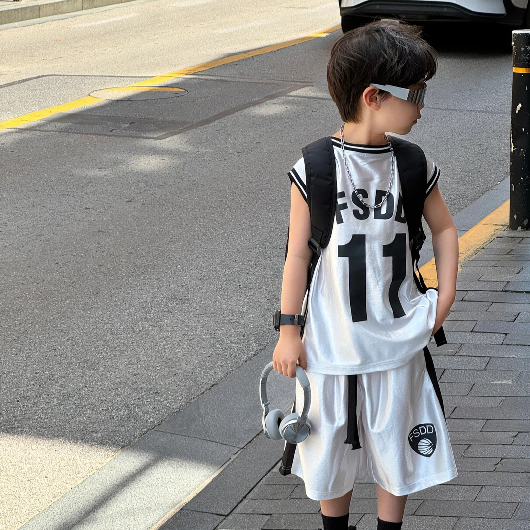 2025夏季新款儿童无袖背心运动套装男童时尚洋气篮球服两件套