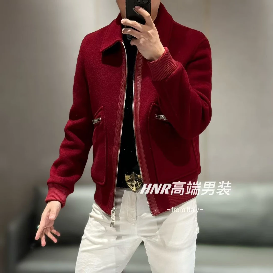 【全羊毛鹅绒拼真皮】纯色翻领简约时尚百搭男士羽绒服767