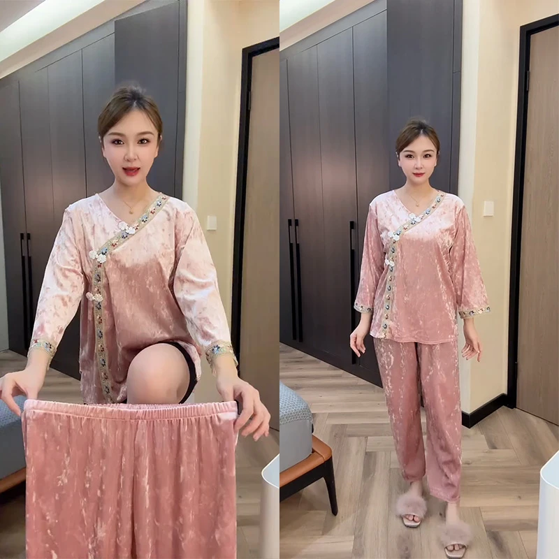 2024秋冬复古提花金丝绒睡衣女气质高级蕾丝时尚宽松家居服套装