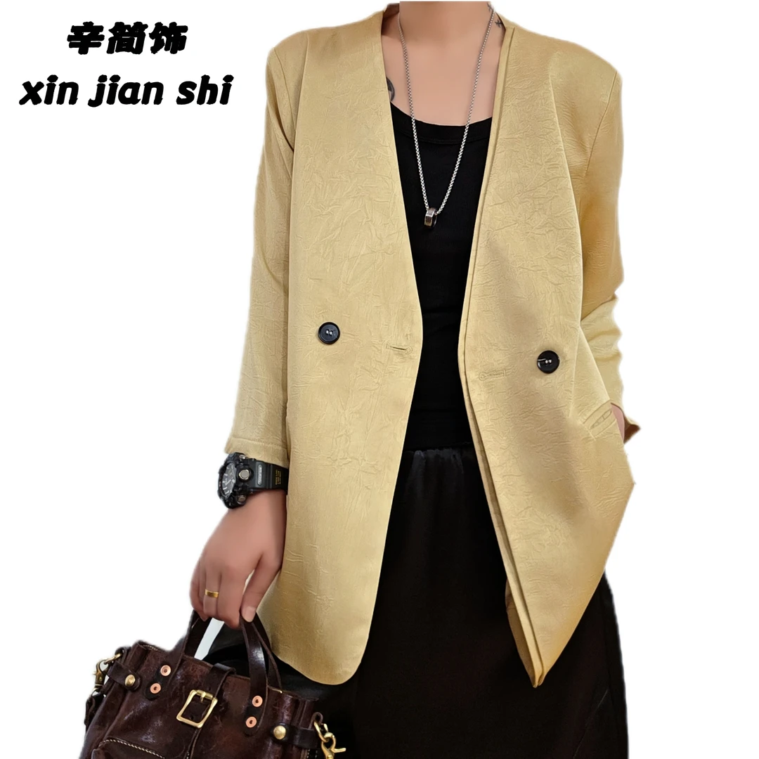 【简简推荐】-夏季高级感醋酸褶皱女休闲显瘦百搭气质西服上衣-2510