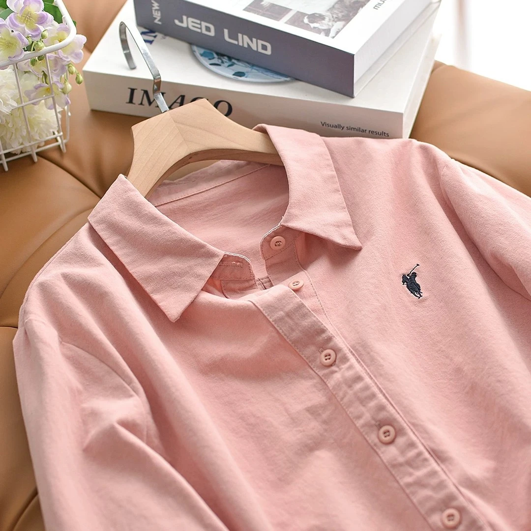 秋季韩版衬衣100%棉 小个子衬衫纯棉成衣水洗刺绣长袖设简约宽松