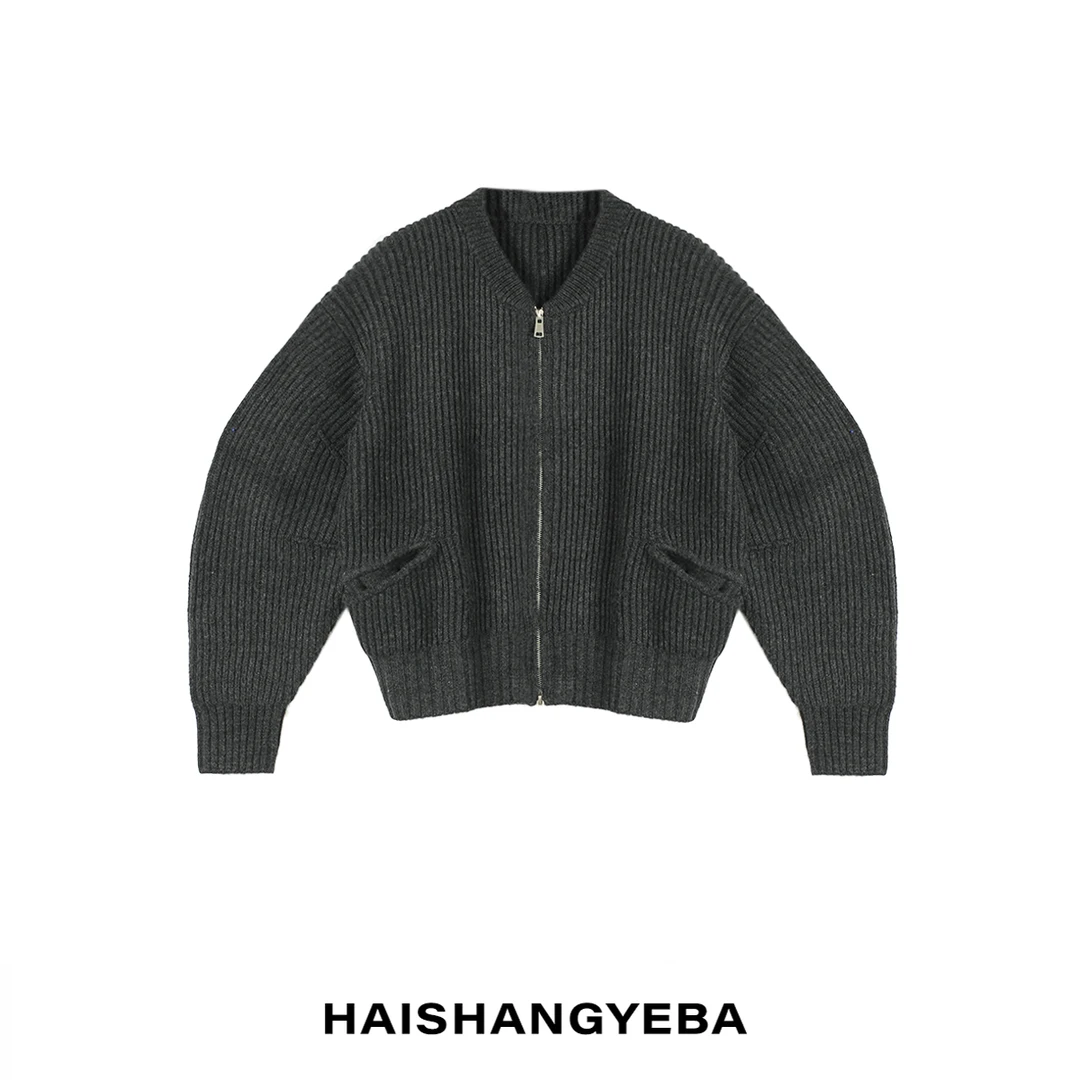【海上叶爸】新款2025秋冬百搭羊毛宽松双头拉链坑条纹针织毛衫
