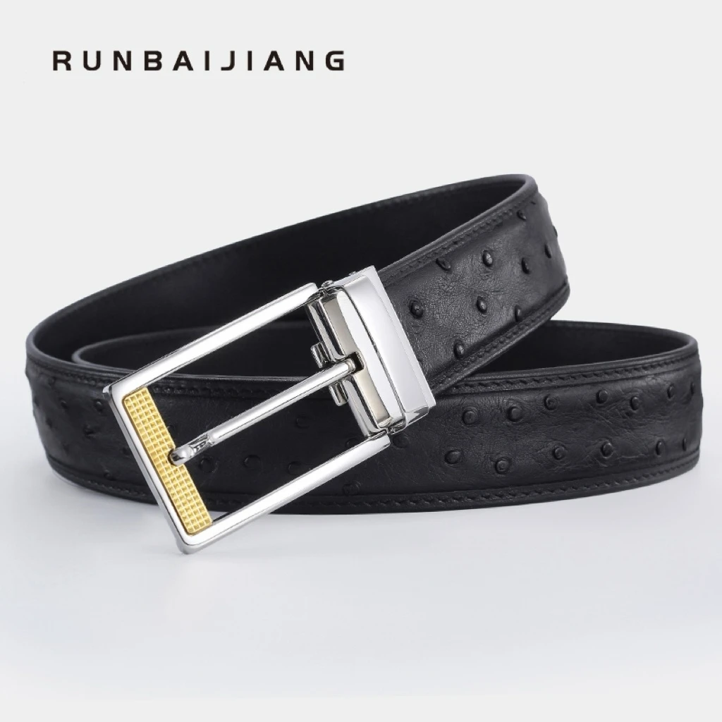 总裁一代高端鸵鸟皮男士商务皮带简约黑色针扣真皮带送礼/自用