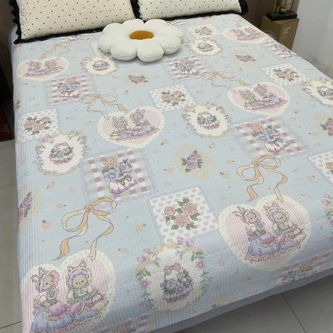 【奥莉花园蓝】床盖三层夹棉床盖榻榻米双面床垫防滑多功能机洗绗缝