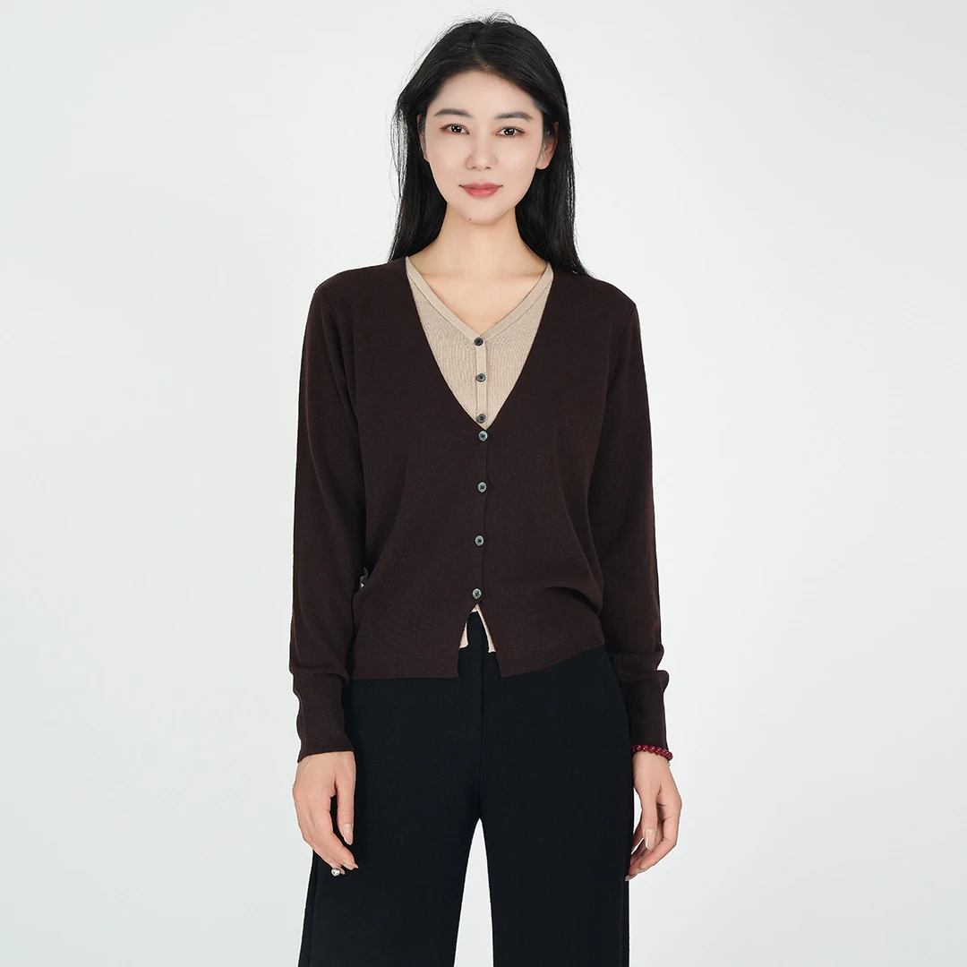 假两件修身针织开衫女秋季V领休闲长袖上衣-WH05006895