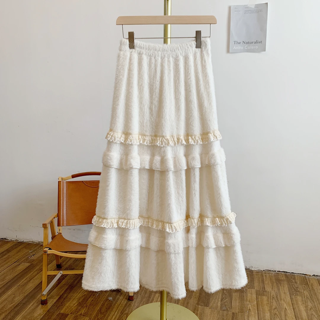 慢调时光C5245松紧腰花边拼接半身裙