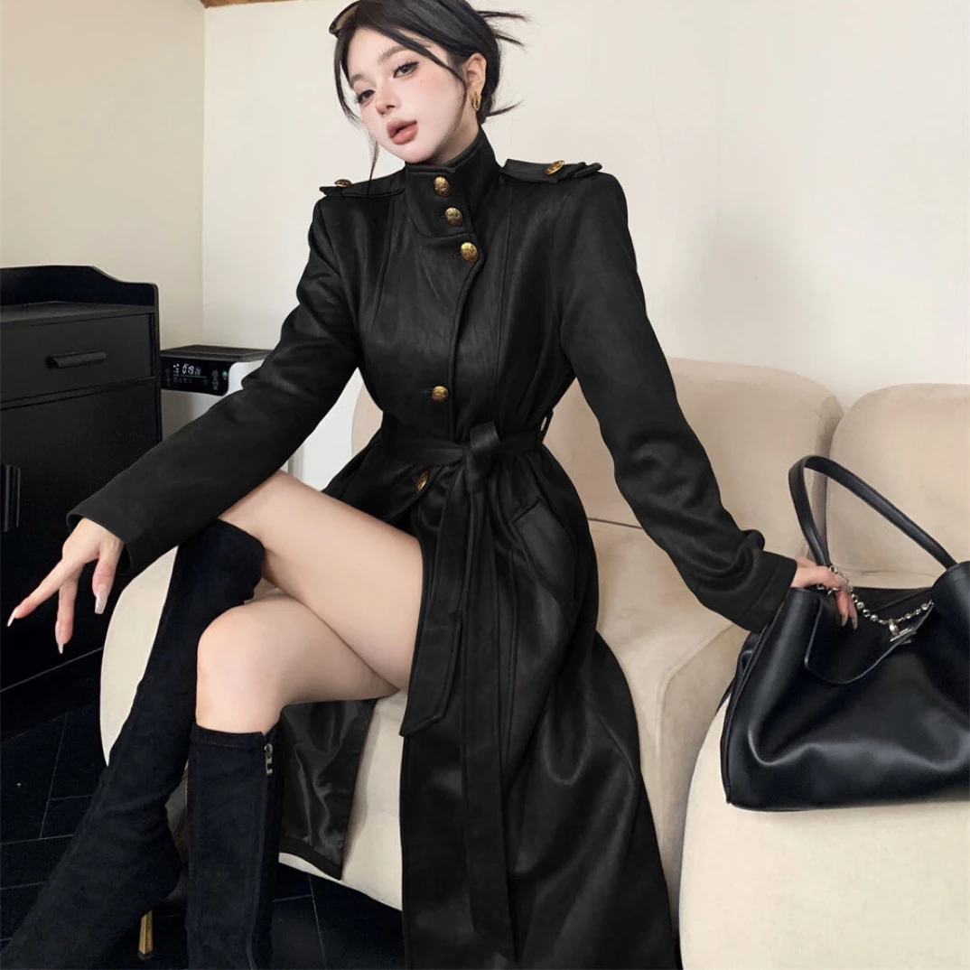 韩系时尚立领系带黑色皮衣风衣外套女秋冬大衣气质高级感长款外套