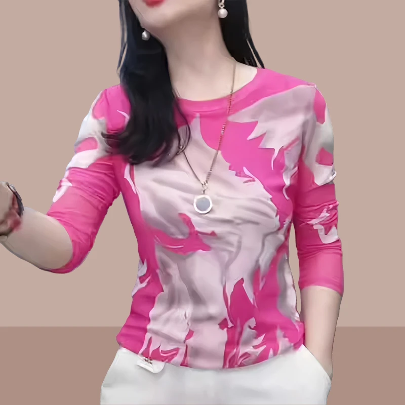 时髦别致印花打底衫女春秋2025新款休闲百搭圆领长袖T恤洋气上衣