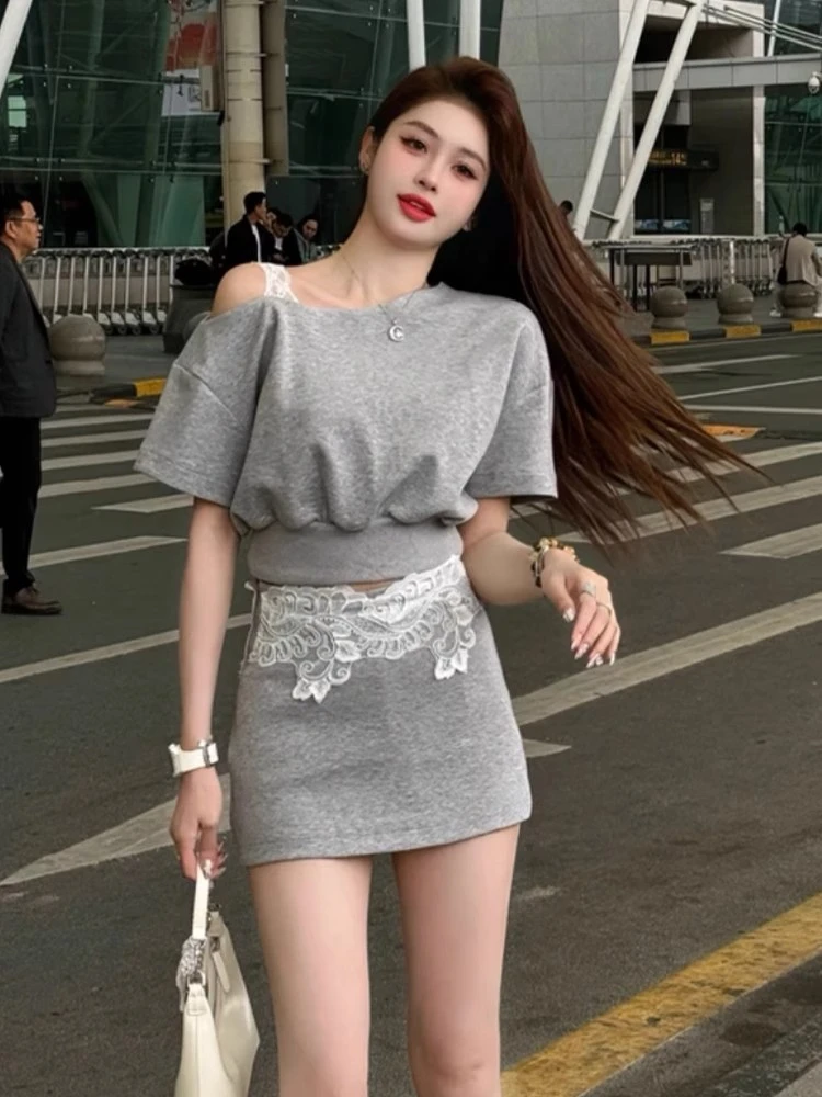 韩系蕾丝露肩两件套御姐气质高级感显瘦斜领短袖上衣高腰短裙套装