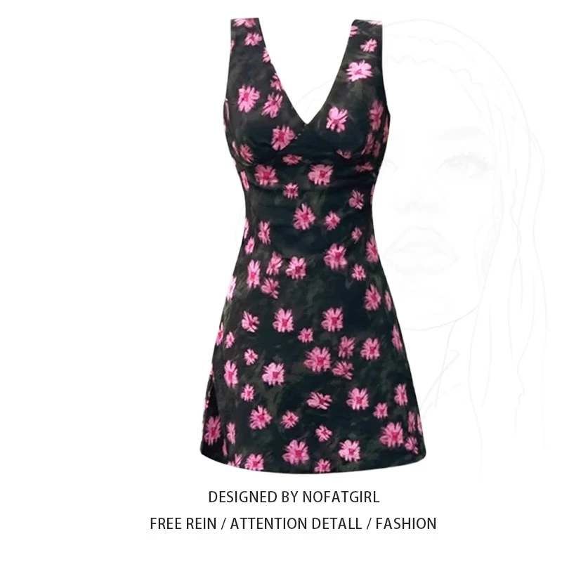 大码胖MM甜辣风碎花无袖背心连衣裙女夏季收腰显瘦叠穿A字短裙子