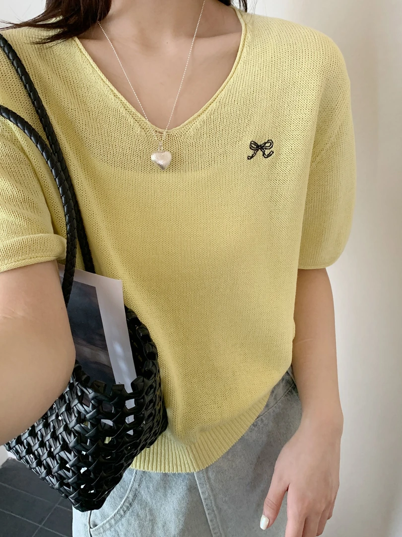 【DUODUO 639909】和纸纱V领针织衫短袖夏季新款女刺绣休闲针织衫