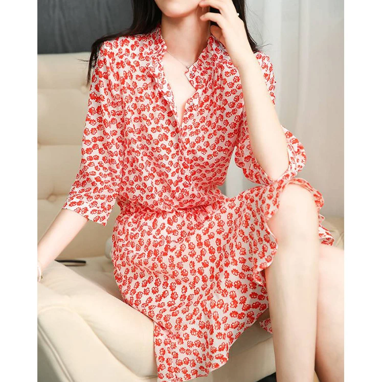 茶歇碎花裙 真丝连衣裙气质女装 2025夏款新款红色中长桑蚕丝裙子