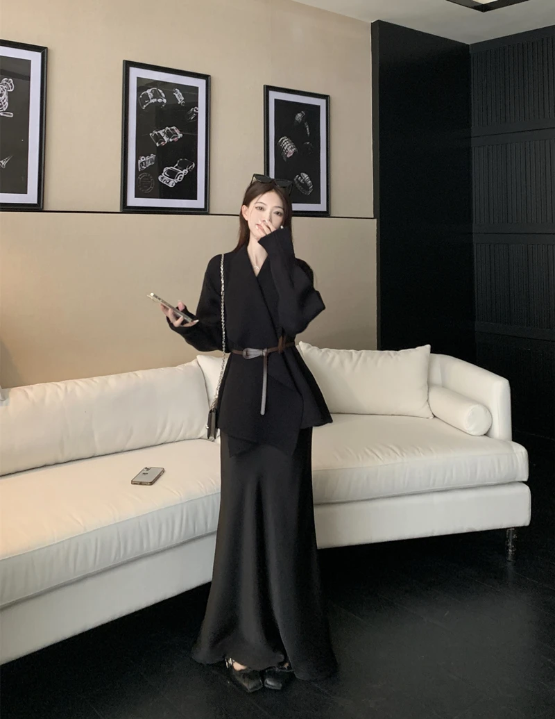 秋冬大码重磅大女主美廓行针织衫气质翻领收腰外套高腰半身裙套装