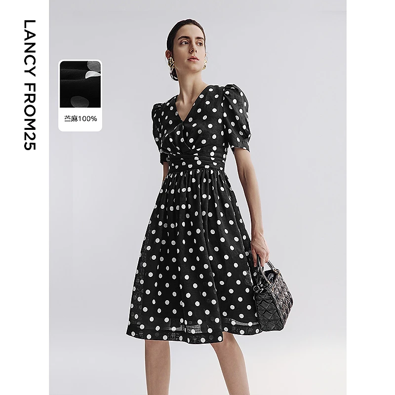 朗姿法式气质波点黑色苎麻裙子收腰2025年夏季新款高知独特连衣裙
