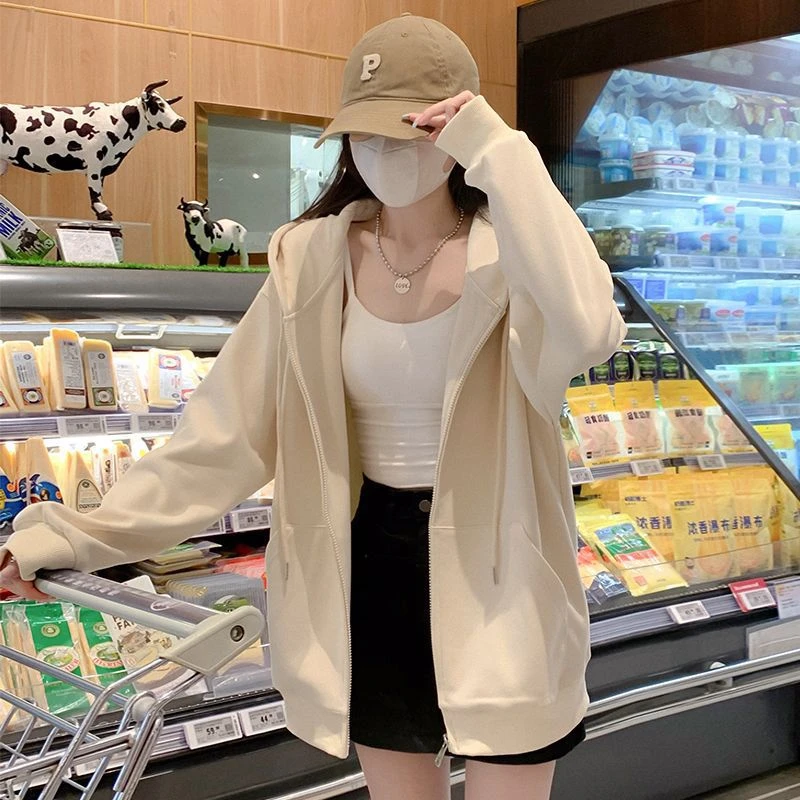 早秋卫衣拉链上衣休闲女宽松连帽2024女氨纶外套开衫新款运动春秋