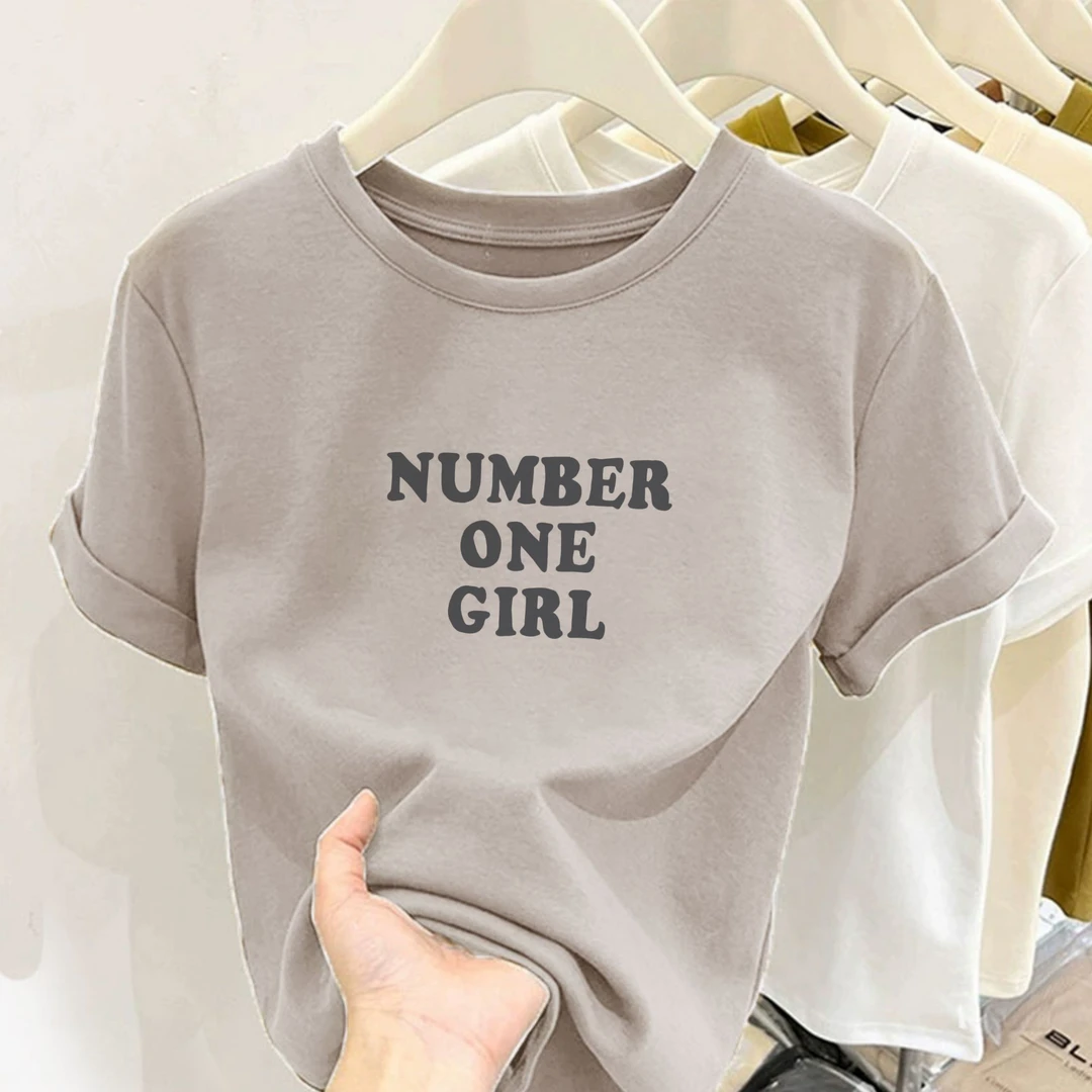 2025新款圆领字母NUMBER印花纯棉短袖小个子女修身显瘦百搭上衣