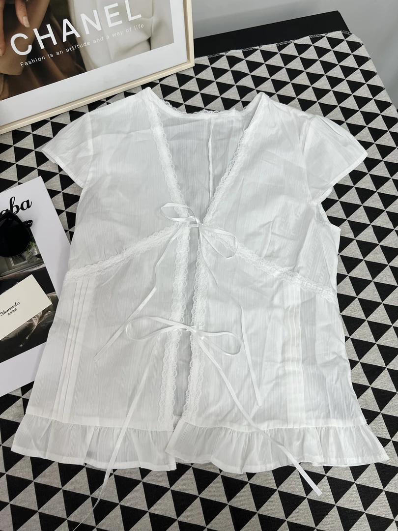 原创设计蕾丝花边纯欲肌理白色时尚白衬衫修身系带蝴蝶结短袖上衣