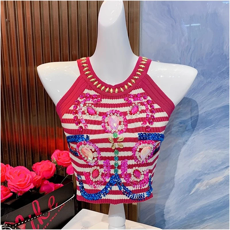 X19525欧美风设计师2024春季新款重工钉钻刺绣亮片修身针织背心女
