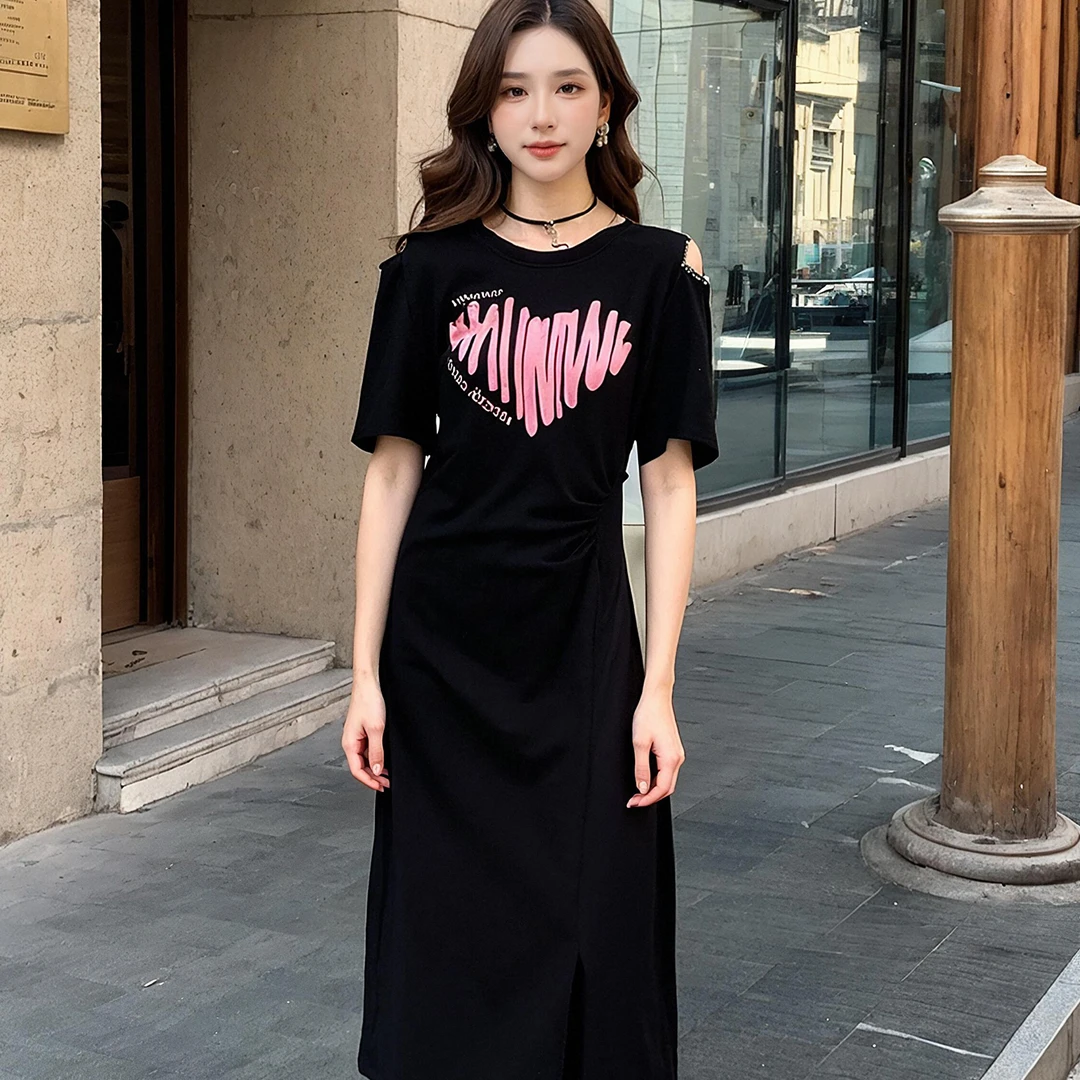 奢姿大码女装2025夏季减龄印花露肩时尚连衣裙胖妹妹开衩设计裙子