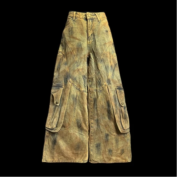 DAJI秋季新款长款牛仔微弹力重工涂鸦直筒工装裤