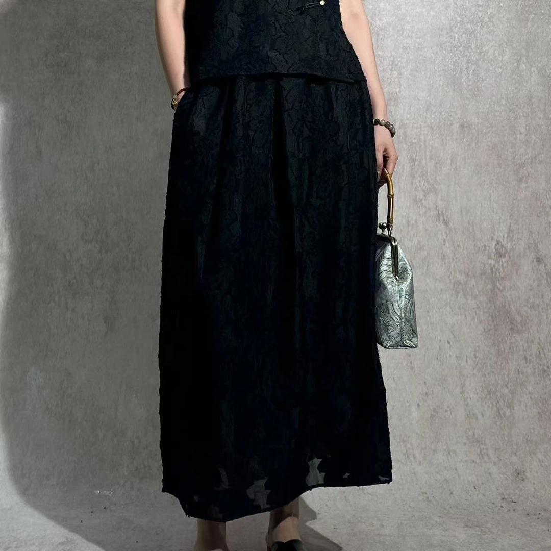 【焕夏墨晨】BF33111黑色褶皱剪花夏日花苞裙包臀裙